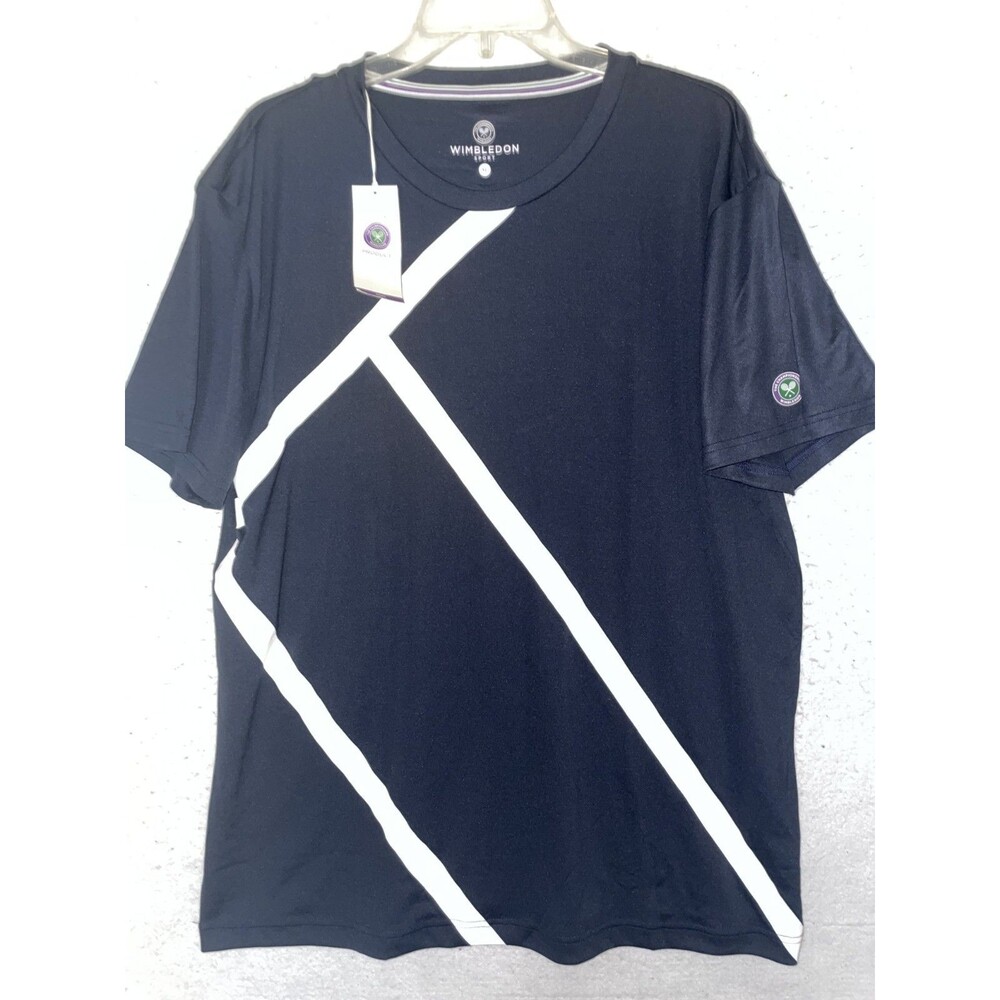 Wimbledon Sport Performance Court Men's XL T-Shirt Navy Blue white stripe NWT
